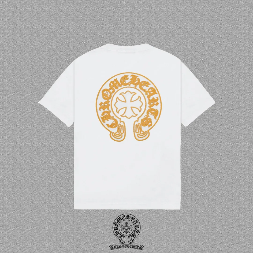 🅿️200 [CH Crow Heart] 2025FW short-sleeved T-shirt, hollow embroidery with arch bridge embroidery, high-end 26s double yarn 300g fabric, heavy fabric, custom stretcher rib, same vat and dye, complete three standards, same style for men and women, color: black, white, size: S M L XL 2XL
